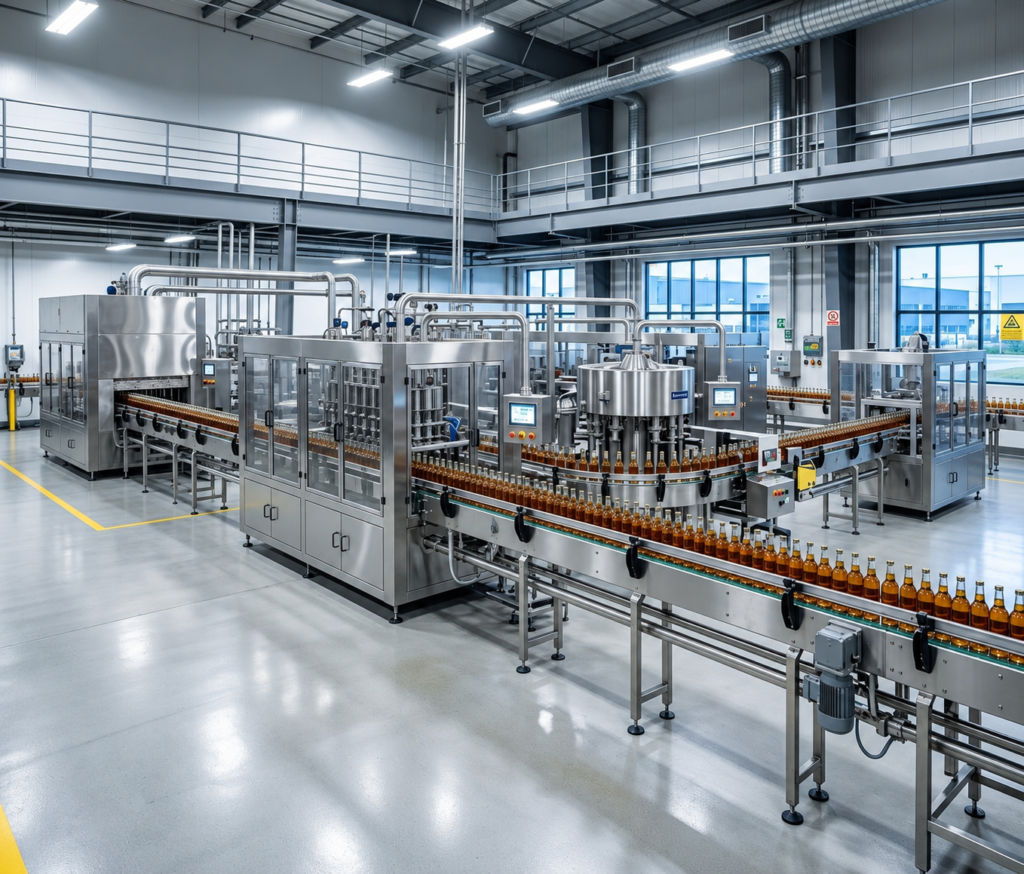Linea industriale di imbottigliamento con riempitrice e trasporto automatico delle bottiglie