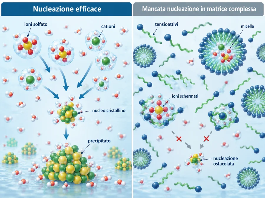 Rimozione dei solfati: schema della nucleazione ostacolata da tensioattivi e interferenti